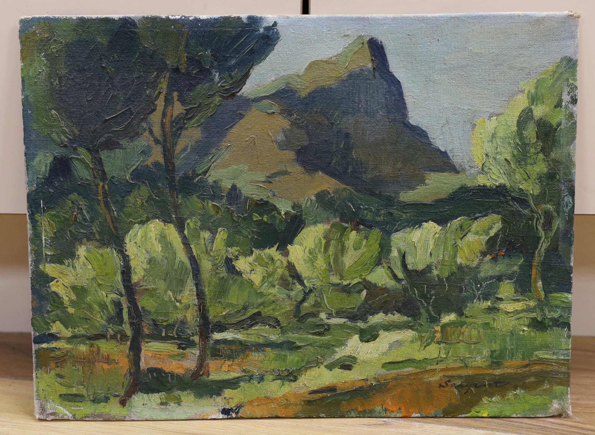 French School, oil on canvas board, Mountainous landscape, indistinctly signed, 30 x 41cm, unframed